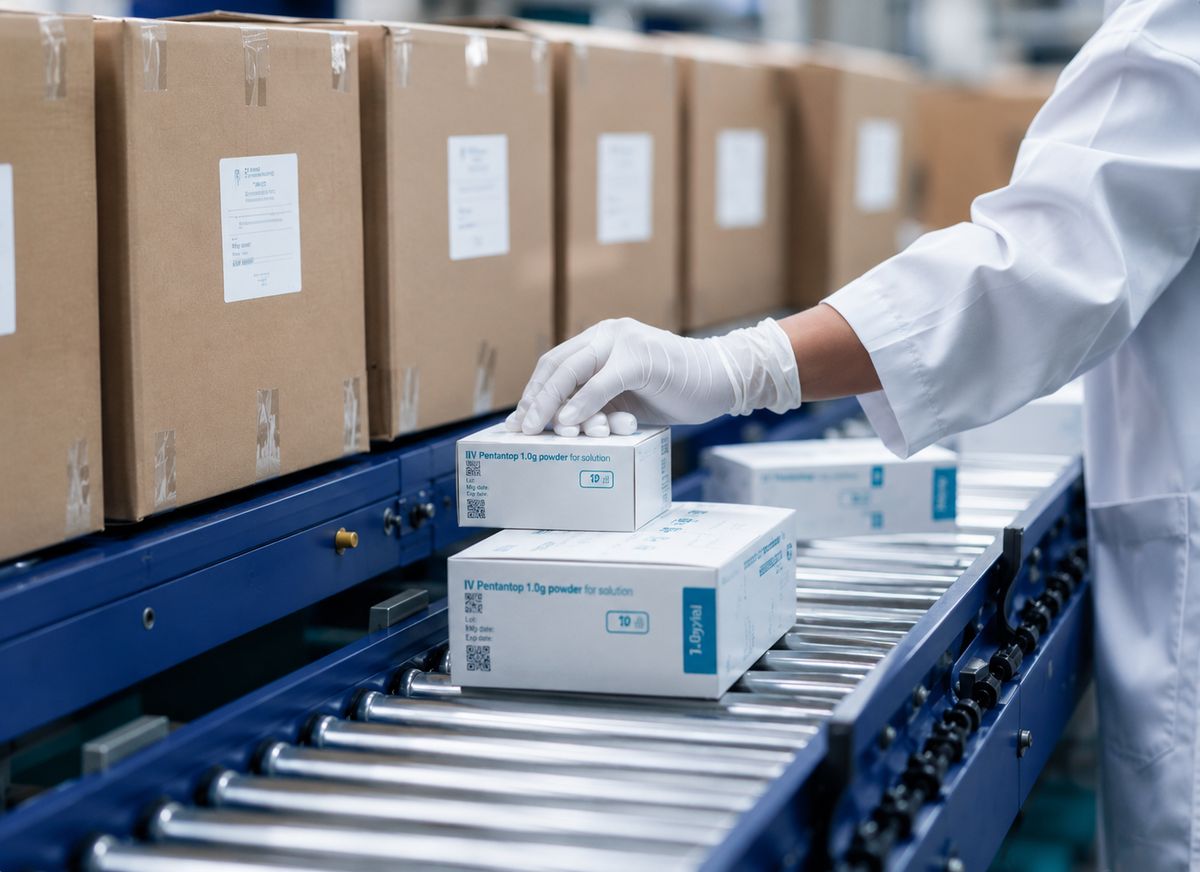 Employé en tenue de protection préparant des boîtes de médicaments sur un convoyeur de l’entrepôt